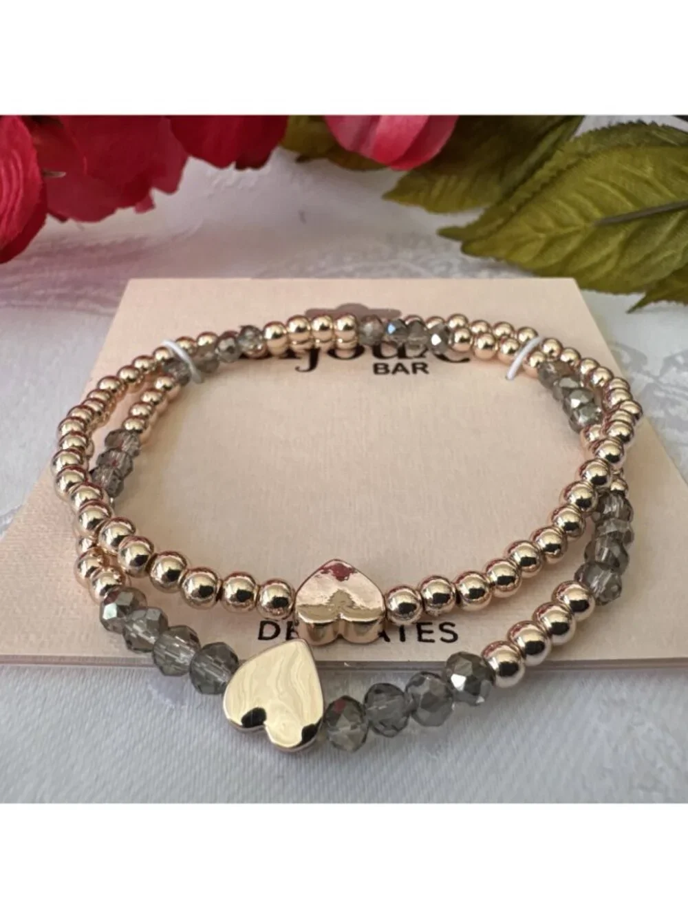 Bijoux Bar Delicates Dainty Silver Goldtone Bracelet Gray Rhinestone Beads NEW